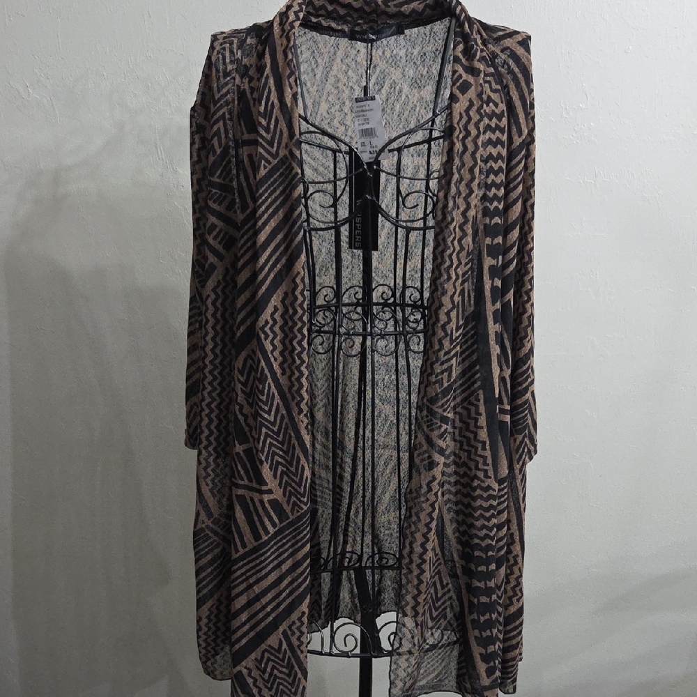 Open-Front Geometric Cardigan Sweater - Black & Brown